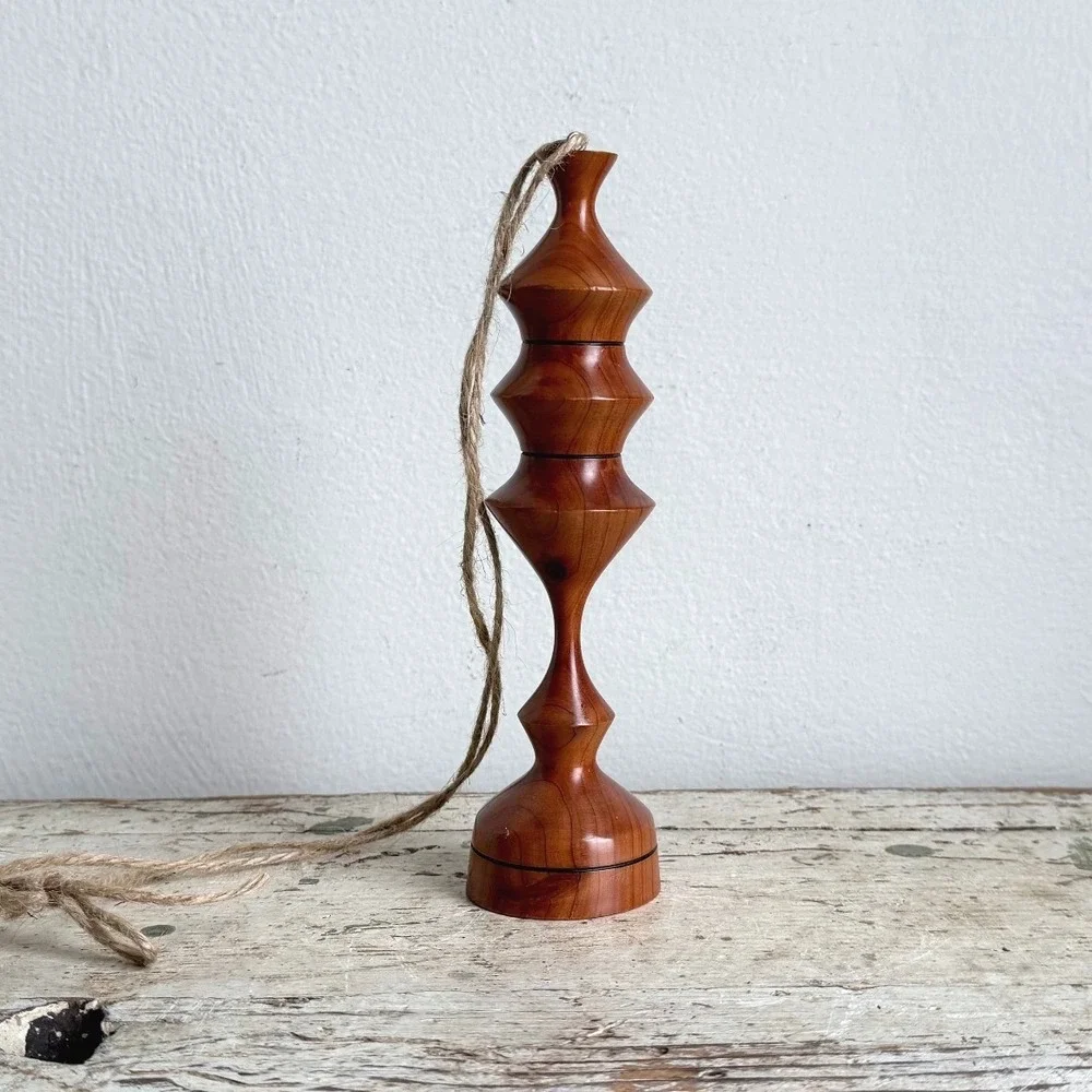 Hand Turned Wood Light Pull Hanging Ornament Geometric Spindle 8.5 Inch